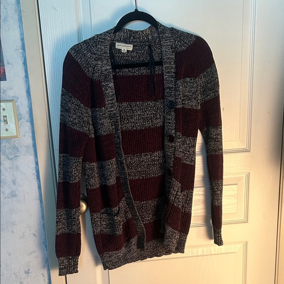 Poof Excellence Sweaters - Poof Excellence Maroon and Gray Striped Shawl Cardigan